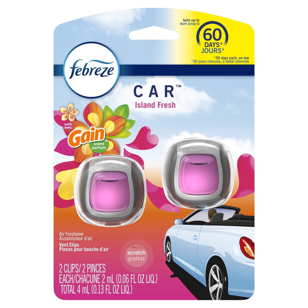 Febreze Car Air Freshener 2 Clips 4ml Island Fresh Gain Scent Vent Clips